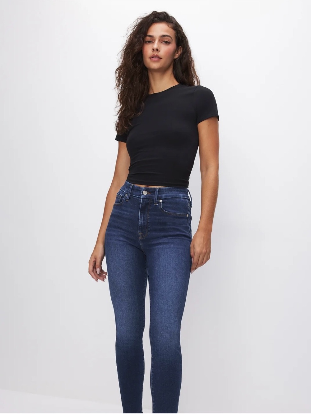 Good American Dark Blue High-Rise Skinny Jeans Size 12/31 raw hem with fringe